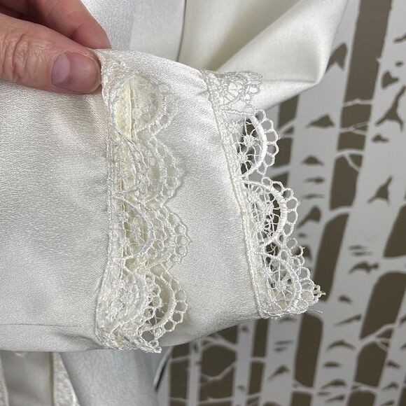 Gunne Sax 70s 80s Ivory Satin Lace Collar Puff Shoulder Blouse 5 - Picture 7 of 14